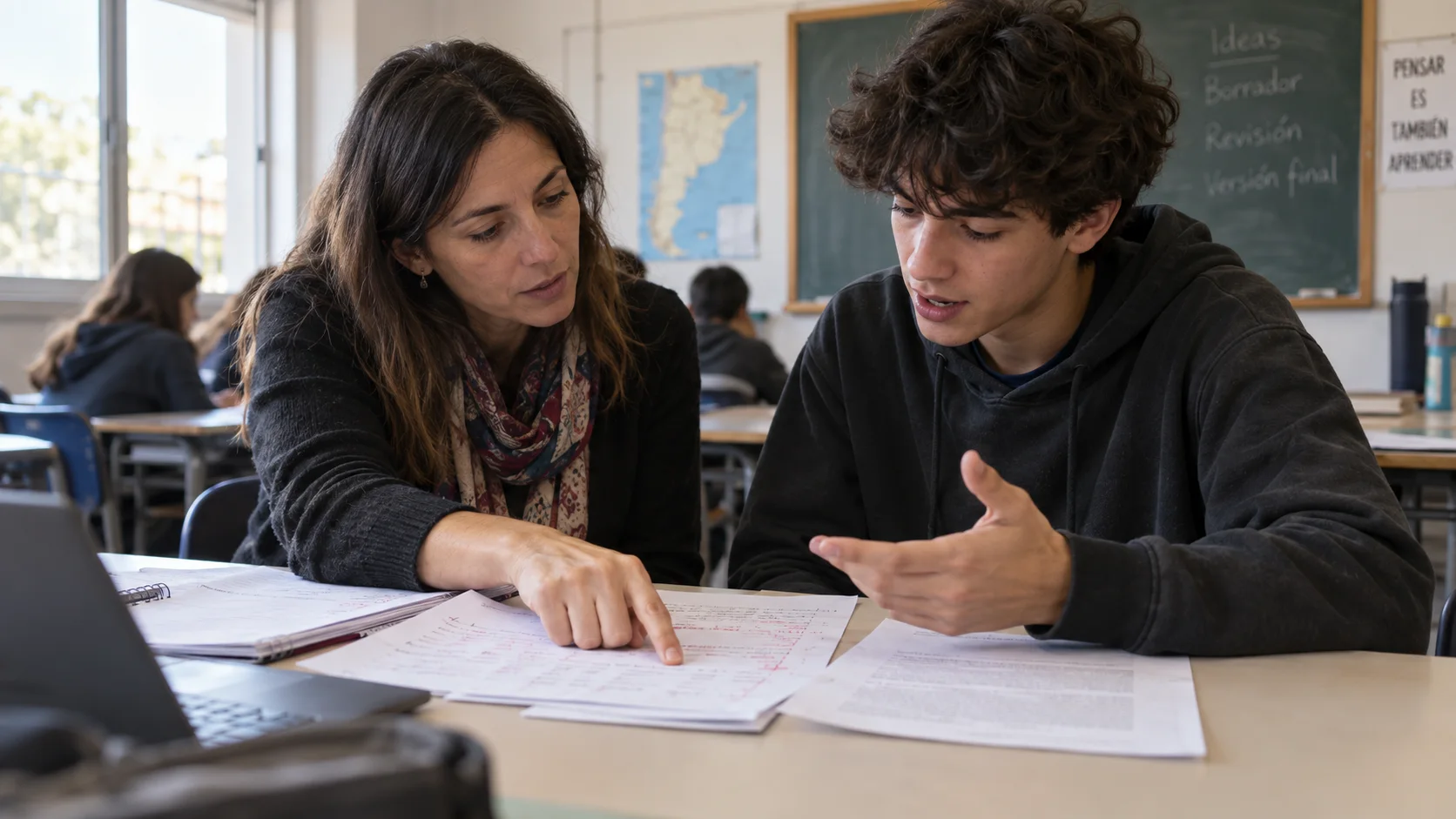 Docente y estudiante revisan borradores con correcciones y conversan sobre el proceso de aprendizaje