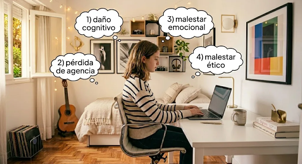 Estudiante frente a una laptop con cuatro burbujas de pensamiento: daño cognitivo, pérdida de agencia, malestar emocional, malestar ético