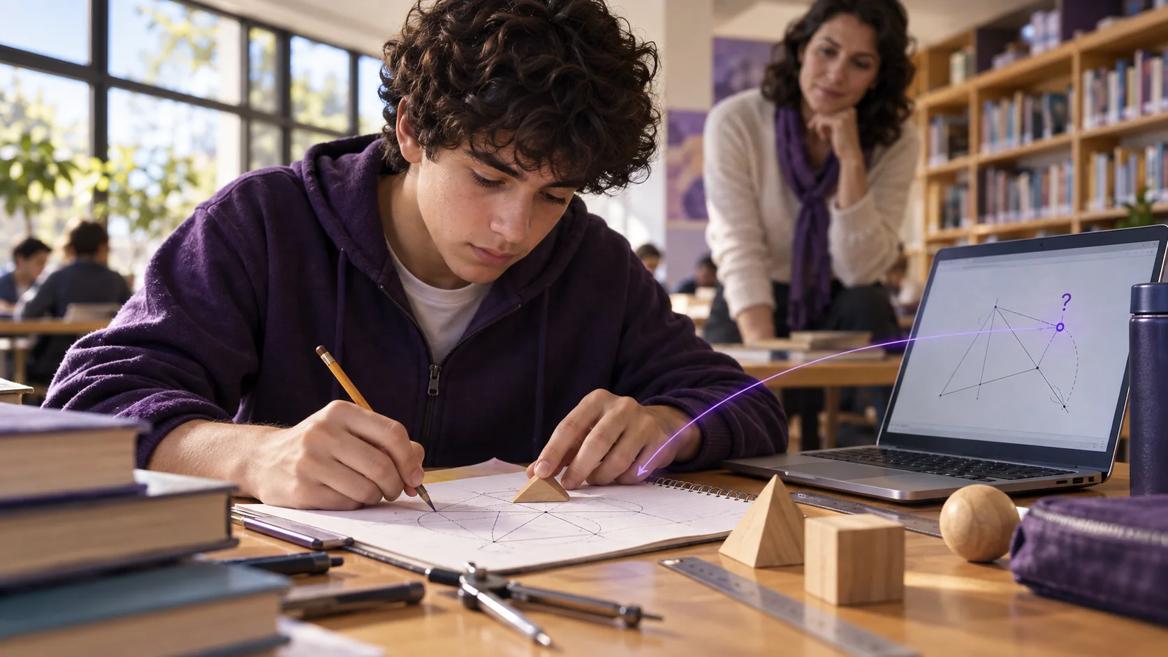 Estudiante resolviendo una construcción geométrica con una pista de IA y el acompañamiento de una docente