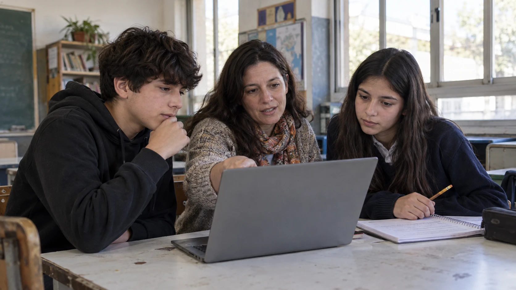 Docente y adolescentes revisan una computadora juntos en una escuela