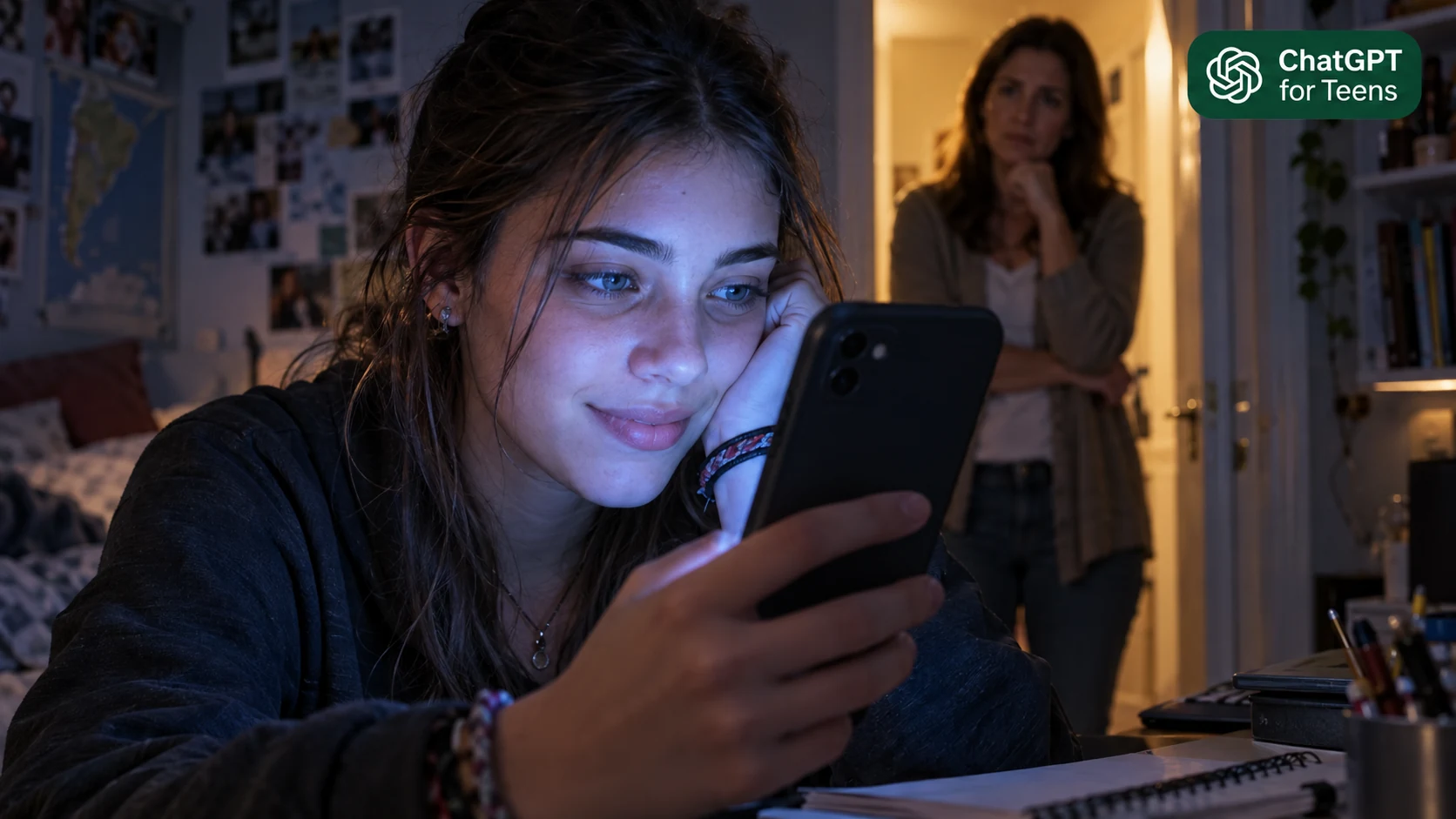 Adolescente iluminada por su teléfono, madre en la puerta y distintivo ChatGPT for Teens