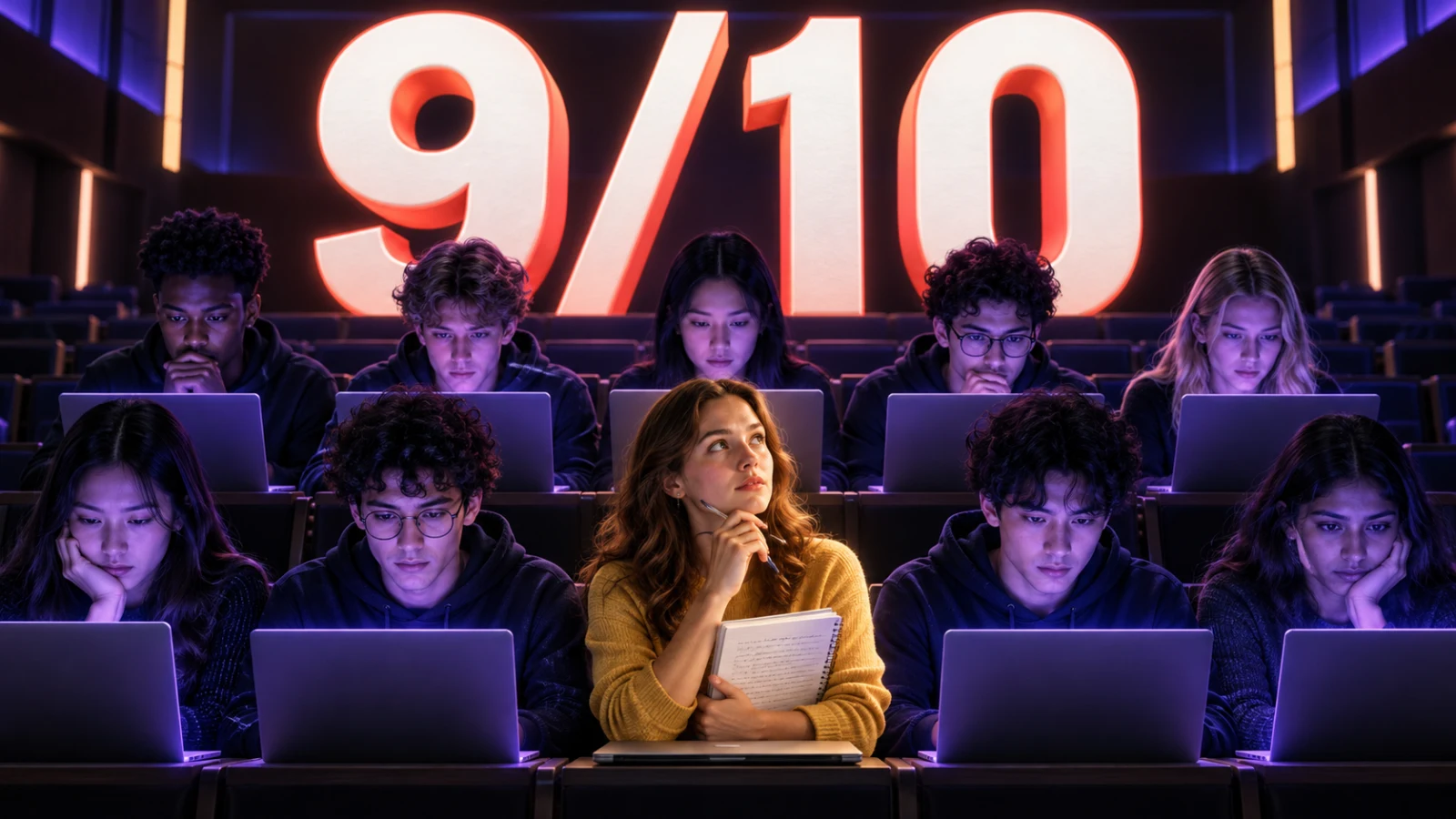 Diez estudiantes universitarios frente a computadoras; nueve iluminados en violeta y una estudiante con sus apuntes bajo el dato 9 de cada 10