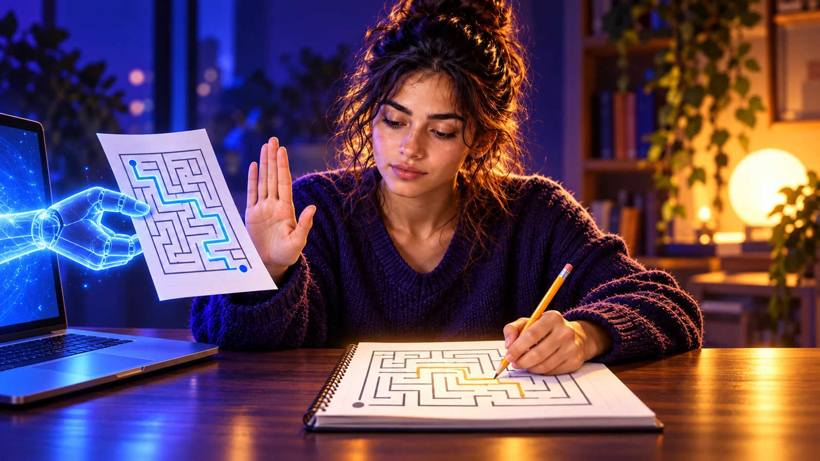 Estudiante que rechaza una solución terminada ofrecida por una mano digital y resuelve su propio laberinto en un cuaderno