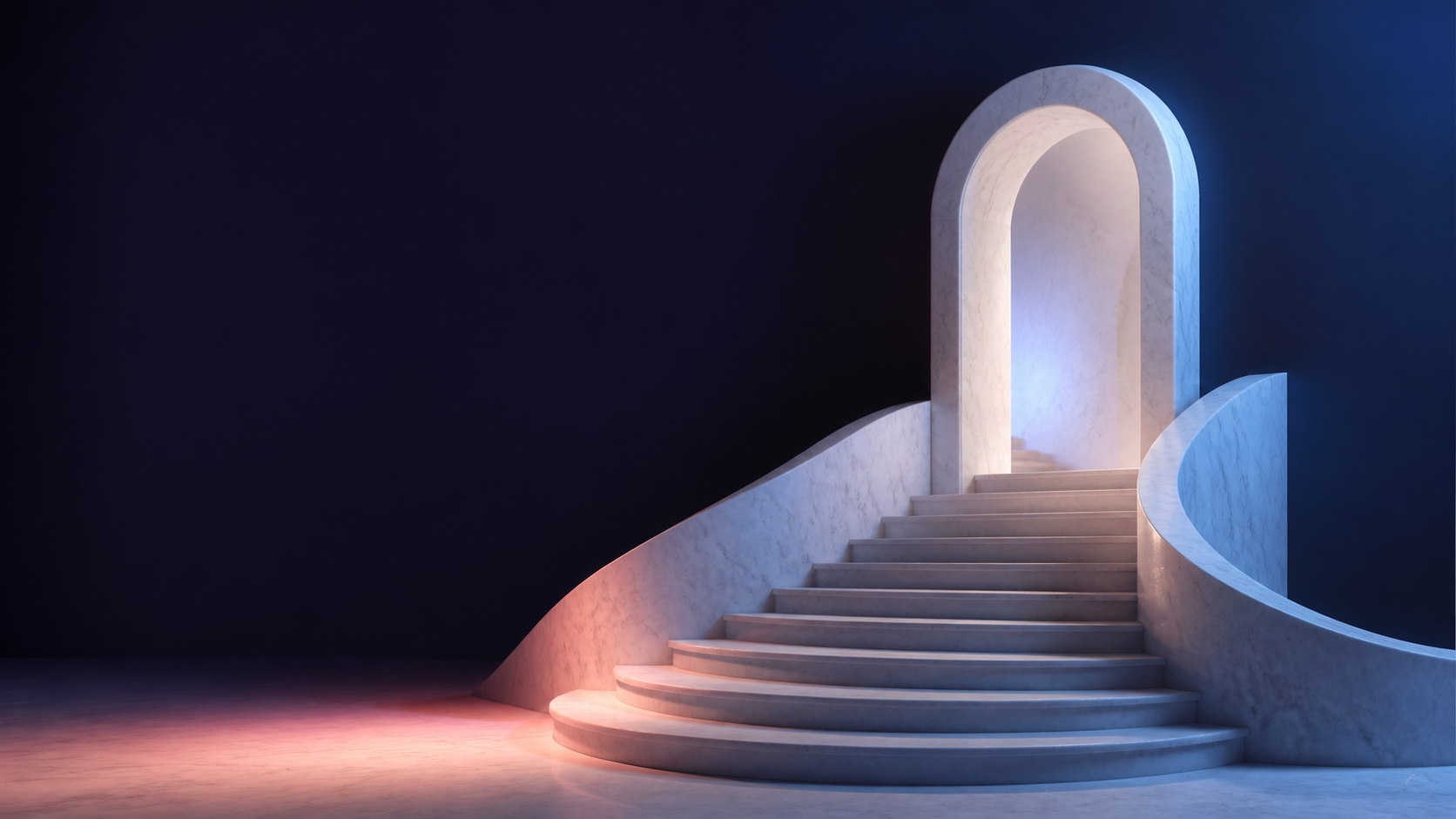 Escalera y portal de mármol de Carrara iluminados con reflejos azul y coral