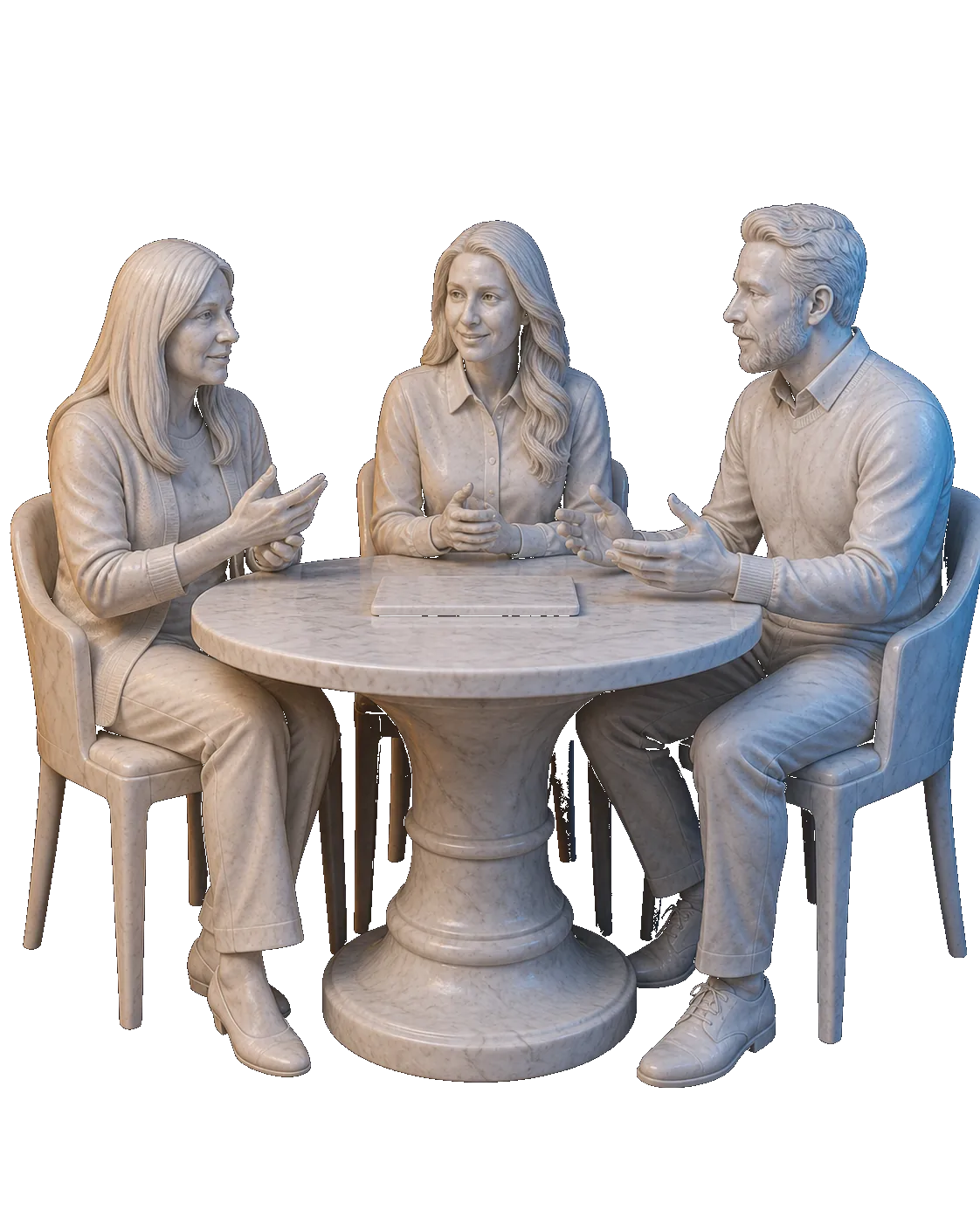 Tres figuras de Carrara inspiradas en los fundadores conversan con ropa contemporánea alrededor de una mesa con un tablet; las tres sillas aparecen completas